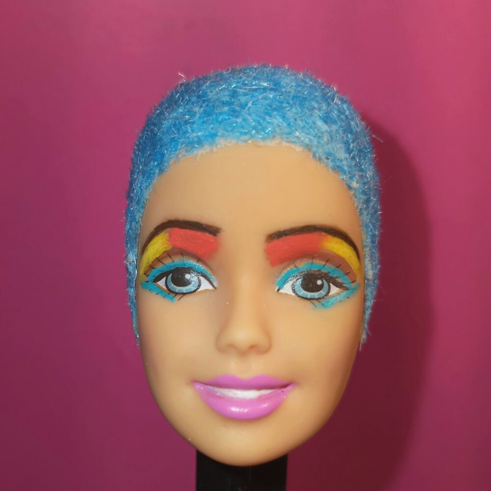 Custom Barbie doll Head blue pixie hair